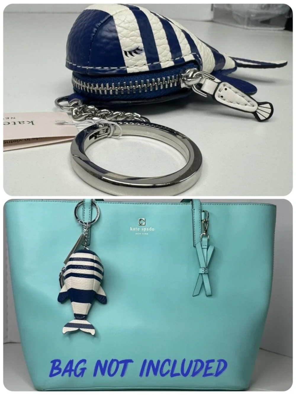 Kate Spade Navy & White Striped Whale Shore Leather Coin Purse Keychain Fob